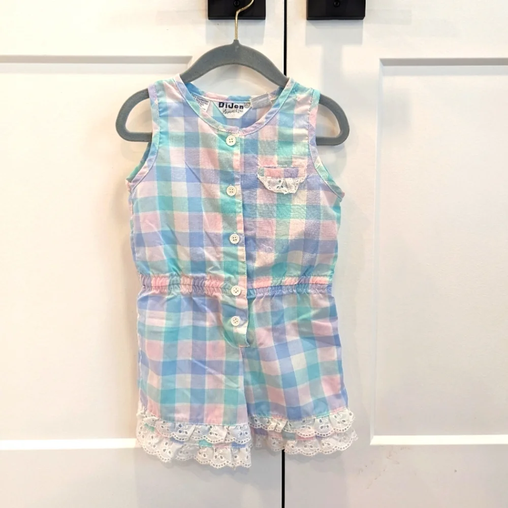 VINTAGE Dijon girls pink blue pastel plaid shortalls romper lace trimmed 2t